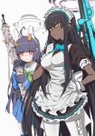  2girls :/ ahoge animal_ears apron bare_shoulders black_hair blue_archive blue_serafuku blue_skirt blush bow bowtie bright_pupils closed_mouth cowboy_shot dark-skinned_female dark_skin fake_animal_ears gloves green_neckerchief grey_halo gun hair_between_eyes halo hand_on_own_hip height_difference highres holding holding_weapon karin_(blue_archive) leaf leaf_on_head long_hair long_sleeves looking_afar looking_down maid_apron maid_headdress mechanical_halo miyu_(blue_archive) multiple_girls neckerchief pantyhose purple_hair rabbit_ears red_eyes rifle sailor_collar school_uniform serafuku shirt skirt smile sniper_rifle standing takoongyi very_long_hair weapon weapon_on_back white_apron white_gloves white_pupils white_sailor_collar yellow_eyes 