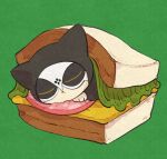  ace_attorney black_cape cape cheese closed_eyes closed_mouth commentary_request eye_mask food green_background hood hood_up lying no_humans nyasked_disciple on_stomach sandwich shino_(shino_dgs) sleeping solo stuffed_animal stuffed_cat stuffed_toy the_great_ace_attorney the_great_ace_attorney_2:_resolve 