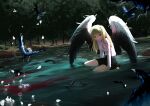  1girl absurdres angel_wings arm_support barefoot bird black_feathers black_skirt blonde_hair blood blood_in_water blurry blurry_background closed_mouth commentary commission crow crying crying_with_eyes_open english_commentary eudetenis feathered_wings feathers highres hoshino_ai_(oshi_no_ko) hoshino_ruby long_hair long_sleeves looking_at_viewer one_side_up oshi_no_ko outdoors partially_submerged petals pink_eyes river second-party_source shirt sidelocks sitting skirt solo spoilers star-shaped_pupils star_(symbol) symbol-shaped_pupils tears tree variant_set water white_shirt wings 