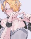  1boy alternate_costume annoyed blonde_hair blush curly_eyebrows enmaided goatee_stubble hair_over_one_eye hands_up heart heart_hands highres looking_ahead maid male_focus mustache_stubble nine_hundred one_piece pectoral_cleavage pectorals sanji_(one_piece) sanpaku short_hair solo sparse_stubble upper_body 