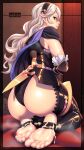  1girl armor armpit_crease ass black_hairband black_panties cape corrin_(female)_(fire_emblem) corrin_(fire_emblem) cum cum_on_body cum_on_feet eyelashes feet fire_emblem fire_emblem_fates foot_focus foreshortening from_behind gold_trim grey_hair hair_between_eyes hairband highres indoors lips long_hair looking_at_viewer no_shoes official_alternate_costume panties purple_cape red_eyes seios seiza shadow sidelocks sitting soles solo steaming_body stirrup_legwear toeless_legwear toes underwear 