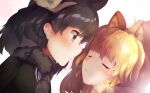  2girls animal_ears antlers black_hair blonde_hair blush closed_eyes commentary_request fur_collar hair_between_eyes highres kemono_friends lion_(kemono_friends) lion_ears looking_at_another medium_hair moose_(kemono_friends) moose_ears multiple_girls oren_(770len) smile yuri 