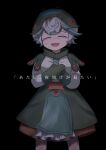  1girl absurdres black_background child closed_eyes curly_hair dress feet_out_of_frame gloves goose_g3 green_gloves hat highres made_in_abyss necktie open_mouth prushka short_hair simple_background smile solo white_hair 