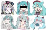  6+girls aimaina animal_ears blue_hair blue_necktie cat_ears censored closed_mouth eyewear_on_head ghost grey_hair grey_shirt hatsune_miku high_fever_(module) highres identity_censor japanese_clothes kimono liquid_from_mouth long_hair long_sleeves looking_at_viewer low_twintails microphone multiple_girls multiple_persona n_omi necktie obake_no_ukenerai_(vocaloid) pill_hair_ornament pink_eyes real_ni_buttobasu_(vocaloid) shirt shuukan_shounen_bye_bye_(vocaloid) simple_background slow_motion_(vocaloid) sunglasses tokumei_m_(vocaloid) triangular_headpiece twintails very_long_hair vocaloid white_background white_kimono wide_sleeves 