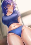  1girl arm_support arms_behind_back blue_archive blue_shirt blush breasts breasts_apart buruma cipher4109 closed_mouth collarbone covered_nipples cowboy_shot crop_top gym_uniform highres long_hair looking_at_viewer medium_breasts navel ponytail purple_eyes purple_hair shirt solo stomach taut_clothes taut_shirt thighs yuuka_(blue_archive) yuuka_(gym_uniform)_(blue_archive) 
