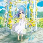  1girl bag blue_eyes blue_hair blue_sky breasts bush character_name cloud cobblestone date_a_live dress flower garden gazebo handbag highres izayoi_miku long_hair official_art sky tree white_dress yellow_footwear 