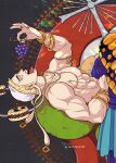  1boy abs bara blonde_hair earrings eating enel eyelashes food fruit grapes highres holding jewelry large_pectorals long_earlobes looking_at_viewer male_focus muscular muscular_male nipple_piercing nipple_rings nipples one_piece pectorals piercing sanpaku short_hair sideburns sideways_glance solo thick_eyebrows tomoe_(symbol) topless_male upper_body 