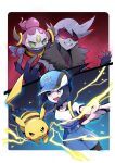  1boy 1girl absurdres ayo_(ayosanri009) baseball_cap bettie_(pokemon) black_hair blue_eyes collarbone electricity gloves grey_hair hat highres hoopa horns jewelry lear_(pokemon) looking_at_viewer necktie open_mouth outside_border pikachu pokemon pokemon_(creature) pokemon_(game) pokemon_masters_ex poryphone red-tinted_eyewear ring smile tinted_eyewear 