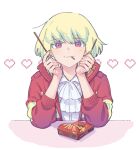  1boy ascot blonde_hair firefighter_jacket food food_in_mouth heart highres holding holding_food holding_pocky jacket kome_1022 lio_fotia looking_at_viewer male_focus otoko_no_ko pocky pocky_in_mouth promare purple_eyes red_jacket shirt short_hair simple_background smile solo white_ascot white_background white_shirt 