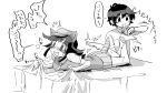  1boy 1girl armadillo_ears armadillo_tail bare_legs barefoot blush cabbie_hat captain_(kemono_friends) collared_shirt commentary_request foot_massage giant_armadillo_(kemono_friends) greyscale hat highres kemono_friends kemono_friends_3 monochrome necktie no_headwear on_table pleated_skirt shirt short_hair short_sleeves sidelocks sisikemo123 skirt sweatdrop t-shirt table translation_request trembling vest 