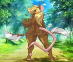  anthro big_breasts big_butt blonde_hair breasts butt hair hi_res holding_melee_weapon huge_breasts looking_at_viewer looking_back looking_back_at_viewer mammal mastergodai mouse murid murine rodent 