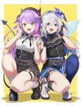  2girls :d absurdres amane_kanata amane_kanata_(3rd_costume) angel_wings black_bow black_bowtie black_footwear black_gloves black_headwear black_shirt black_skirt blue_eyes blue_hair blue_skirt blue_thighhighs blush bow bowtie breasts colored_inner_hair commentary_request earphones fake_horns flat_chest frilled_skirt frills gloves green_eyes grey_hair hair_ornament hairclip halo heart_o-ring highres hololive horned_headwear horns kneehighs leg_tattoo long_hair looking_at_viewer medium_breasts multicolored_hair multiple_girls o-ring o-ring_thigh_strap official_alternate_costume orio_(hololive) partially_fingerless_gloves pink_hair pleated_skirt purple_hair shinomu_(cinomoon) shirt shoes simple_background single_kneehigh single_sock single_thighhigh skirt smile socks squatting star_halo streaked_hair tail tattoo thigh_strap thighhighs tokoyami_towa two-tone_hair virtual_youtuber white_footwear white_socks wings x_hair_ornament 
