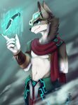  absurd_res anthro black_nose blue_eyes brown_body brown_fur canid clothed clothing fur glistening glistening_eyes hi_res knife kutto kuttoyaki magic_user male mammal mouth_closed navel simple_background solo standing white_body white_fur 