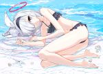  1girl artist_name ass barefoot bikini black_bikini black_eyes black_hairband blue_archive braid breasts collarbone commentary_request frilled_bikini frills full_body hair_over_one_eye hair_ribbon hairband halo halterneck highres juna long_hair looking_at_viewer lying multicolored_hair navel on_side parted_lips petite pink_hair pink_halo plana_(blue_archive) red_pupils ribbon seashell shell side_braid single_braid small_breasts solo spaghetti_strap starfish swimsuit twitter_username two-tone_hair very_long_hair water white_hair white_ribbon 
