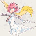  1girl :d antenna_hair aqua_eyes beamed_eighth_notes bracelet breasts capelet commentary_request copyright_name dated_commentary dress eighth_note feathered_wings flower full_body hair_flower hair_ornament hand_up harpy_(puyopuyo) jewelry looking_at_viewer madou_monogatari medium_hair musical_note open_mouth pink_hair puyopuyo quarter_rest rakuni smile solo splatter_background staff_(music) white_capelet white_dress white_flower wings yellow_wings 