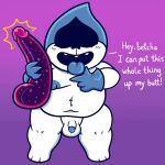  2022 balls belly blue_clothing blue_glans blue_gloves blue_handwear blue_nipples blue_tongue blush clothing darkner deltarune dialogue dildo english_text front_view genitals glans gloves handwear holding_dildo holding_object holding_sex_toy humanoid humanoid_dildo humanoid_genitalia humanoid_penis lancer_(deltarune) looking_at_viewer male mostly_nude nipples not_furry open_mouth open_smile penis penis_dildo purple_background sex_toy simple_background sinribbons smile solo spades_(suit) standing suit_symbol talking_to_viewer teeth text tongue tongue_out undertale_(series) white_balls white_body white_penis 