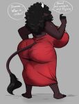  anthro big_breasts big_butt black_hair bovid bovine breasts brown_body brown_fur butt cattle clothed clothing dress female fully_clothed fur hair horn huge_breasts huge_butt jwinkz mammal panty_lines rear_view solo speech_bubble standing summer_(jwinkz) tail tail_tuft tuft 