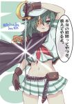  1girl absurdres blush cape character_name closed_eyes cowboy_shot cutlass dated eyepatch green_eyes green_hair hat headgear highres kantai_collection kiso_(kancolle) kiso_kai_ni_(kancolle) kitahama_(siroimakeinu831) long_hair midriff military_uniform naval_uniform neckerchief sailor_hat school_uniform serafuku smile solo speech_bubble twitter_username uniform unworn_eyepatch white_background 