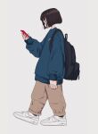  1girl arm_at_side backpack bag black_bag blue_sweater bob_cut brown_hair brown_pants cellphone from_side full_body hand_up highres holding holding_phone long_sleeves looking_at_phone nao97122 nike original pants phone profile shoes short_hair simple_background smartphone sneakers solo standing sweater walking white_background white_footwear 