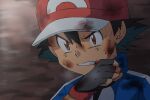  1boy ash_ketchum black_gloves black_hair blue_jacket brown_eyes clenched_teeth commentary_request dirty dirty_clothes dirty_face fingerless_gloves gloves hand_up hat jacket kousuke_(ko_suke) male_focus pokemon pokemon_(anime) pokemon_xy_(anime) portrait red_headwear short_hair solo sweat teeth 