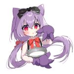  1girl :o animal_ears bangs black_bow bow copyright_request cropped_torso floating_hair food food_on_face gloves hair_between_eyes hair_bow long_hair long_sleeves looking_at_viewer low_twintails mixing_bowl parted_lips purple_gloves purple_hair red_bow red_eyes shirt siera_(sieracitrus) simple_background solo twintails upper_body very_long_hair white_background white_shirt 