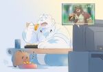  another_eidos_of_dragon_vein_r anthro blush chopsticks eating felid feral fur horn leonhart_(anothereidos_r) lion male mammal pantherine patty_(anothereidos_r) takataka watching_tv white_body white_fur yeti 