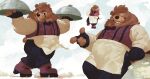  2023 alto_(breeze_in_the_clouds) anthro apron bear bernie_burr biped bottomwear breeze_in_the_clouds brown_body brown_fur clothing cloud eyes_closed fur hi_res humanoid_hands male mammal musclegut pants shirt solo topwear 
