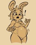  2023 467adv anthro belly big_belly breasts clothing exclamation_point eyelashes female genitals hair hi_res implied_pregnancy lagomorph leporid long_ears mammal navel open_mouth outie_navel pussy rabbit sketch solo tail teeth tongue topwear yellow_theme 