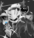  1boy cape commentary_request dark_meta_knight glaring highres holding holding_sword holding_weapon kirby_(series) looking_at_viewer male_focus mask miru_(milusour) monochrome solo sparkle sword weapon 