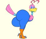  ambiguous_gender animated anthro avian big_butt bird blue_eyes bottomwear butt clothing looking_at_viewer looking_back looking_back_at_viewer mrs.mayhem pants pink_body shaking_butt simple_background solo thick_thighs tight_clothing topwear tube_top vimhomeless white_background wide_hips 