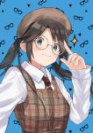  1girl :3 absurdres beret black_hair blue_background blue_eyes blush closed_mouth glasses hanetsuka hat highres idolmaster idolmaster_shiny_colors long_hair long_sleeves looking_at_viewer mitsumine_yuika necktie patterned_background shirt solo sparkle twintails upper_body white_shirt 