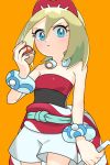  1girl blonde_hair blue_eyes boku_(fmku3244) bracelet closed_mouth collar commentary_request cowboy_shot eyelashes flute hairband hand_up highres holding holding_instrument holding_poke_ball instrument irida_(pokemon) jewelry looking_down orange_background poke_ball poke_ball_(legends) pokemon pokemon_(game) pokemon_legends:_arceus red_hairband sash shirt short_shorts shorts simple_background solo strapless strapless_shirt waist_cape white_shorts 