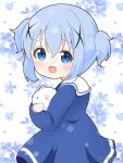  1girl :d aged_down angora_rabbit animal animal_hug blue_dress blue_eyes blue_hair blush commentary_request dress floral_background gochuumon_wa_usagi_desu_ka? hair_between_eyes hair_ornament kafuu_chino long_sleeves looking_at_viewer looking_to_the_side mitya rabbit sailor_collar sailor_dress short_twintails simple_background smile tippy_(gochiusa) twintails twitter_username white_background white_sailor_collar x_hair_ornament 