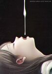  1girl black_background brown_hair closed_eyes english_text eyelashes facing_up higashiyama_shou highres long_hair lying nose on_back open_mouth original profile sexually_suggestive solo suggestive_fluid 