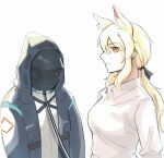  1girl 1other absurdres ambiguous_gender animal_ear_fluff animal_ears arknights black_coat blonde_hair blush closed_mouth coat collar doctor_(arknights) hair_between_eyes highres hood hood_up hooded_coat horse_girl leash long_hair long_sleeves looking_at_viewer low_ponytail nearl_(arknights) orange_eyes profile seung-aeja shirt simple_background upper_body white_background white_shirt 