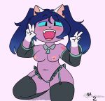  absurd_res anthro blue_hair chubby_female clothed clothing cosplay domestic_cat entwined_tails felid feline felis female hair hi_res humanoid mammal not_whiskers2 purple_body solo tail tail_coil topless topless_female 