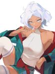  1girl absurdres armpits breasts candy collarbone dark-skinned_female dark_skin food green_shorts grey_hair gundam gundam_suisei_no_majo highres holding holding_candy holding_food holding_lollipop jacket knee_up lollipop looking_at_viewer medium_breasts multicolored_clothes multicolored_jacket parted_bangs secelia_dote shirt shorts simple_background sleeveless sleeveless_shirt solo thighhighs tongue tongue_out tr6xx two-tone_jacket white_background white_sleeves white_thighhighs 