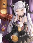  1girl absurdres animal_ears black_ribbon cat_ears dress food frilled_dress frilled_sleeves frills hair_ribbon halloween highres hololive jack-o&#039;-lantern long_hair murasaki_shion ribbon twintails uneti_1 virtual_youtuber white_hair yellow_eyes 