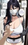  1boy 1girl black_hair breast_grab breasts commentary_request grabbing hella_p hetero highres korean_commentary large_breasts mask mouth_mask original pov pov_hands red_eyes solo_focus 