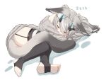  1girl animal_ear_fluff animal_ears black_thighhighs cat_ears cat_girl cat_tail ears_down full_body garter_straps grey_hair grey_sweater heel-less_legwear highres horns long_hair long_sleeves lying mosou_keito no_pants off-shoulder_sweater off_shoulder on_side original sleeping sleeves_past_fingers sleeves_past_wrists stirrup_legwear sweater tail thighhighs toeless_legwear white_thighhighs zzz 