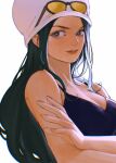  1girl bare_shoulders black_hair breasts cleavage commentary dress eyewear_on_headwear hat highres long_hair mygiorni nico_robin one_piece simple_background sleeveless smile solo sunglasses tinted_eyewear white_background white_headwear yellow-tinted_eyewear 