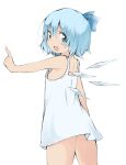  1girl :d accidental_exposure alternate_costume arm_at_side ass_peek bare_arms bare_shoulders blue_bow blue_eyes blue_hair bob_cut bow cirno cowboy_shot detached_wings dot_nose dress flat_chest from_behind from_side hair_between_eyes hair_bow hand_up highres looking_back nanana_(chicken_union) nipple_slip nipples open_mouth outstretched_arm pointing short_dress short_hair simple_background sleeveless sleeveless_dress smile solo standing sundress tan tanned_cirno touhou white_background white_dress wings 