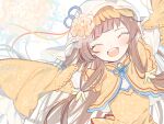  1girl basu_(buskillua25) brown_hair capelet china_dress chinese_clothes closed_eyes clothing_request detached_sleeves dress facing_viewer flower food_fantasy highres long_hair open_mouth orange_capelet orange_dress pineapple_cake_(food_fantasy) smile solo teeth veil yellow_flower 