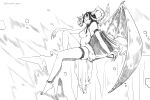  1girl anklet arm_support armlet black_hair curled_horns demon_girl demon_horns demon_wings dress fangs fingernails full_body highres horns inktober jewelry long_hair looking_to_the_side monochrome original sharp_fingernails side_slit sitting sleeveless sleeveless_dress solo thigh_strap thuytien_gem wings 