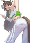  1girl amepa_(ame_pinecandy) animal_ears brown_hair green_eyes hand_on_own_hip hat highres horse_ears horse_girl horse_tail long_hair looking_at_viewer looking_back mini_hat mini_top_hat mr._c.b._(umamusume) open_mouth pants smile solo tail top_hat umamusume white_pants 