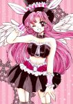  1girl ;d angel_wings animal_ears bare_shoulders belt black_skirt choker collar commentary_request feathered_wings frills full_moon_wo_sagashite garter_straps hat highres long_hair looking_at_viewer meroko_yui midriff one_eye_closed open_mouth pink_background pink_eyes pink_hair rabbit_ears shopan_(melody1015jump) simple_background skirt smile solo striped striped_background top_hat white_wings wings wrist_cuffs 