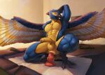  4_toes absurd_res anal anal_masturbation anal_penetration anthro avian beak bird blue_body blue_fur claws dildo feet foreskin fur genitals hi_res humanoid_genitalia humanoid_penis knot knotted_dildo looking_at_viewer male masturbation muscular muscular_male nude penetration penis ratcatcher sex_toy signature solo talons toe_claws toes wings 