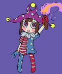  1girl blue_eyes brown_hair clownpiece clownpiece_(cosplay) commentary cosplay english_commentary full_body gloves heterochromia highres holding holding_torch koafreedraw pomni_(the_amazing_digital_circus) purple_background red_eyes short_hair simple_background solo the_amazing_digital_circus torch touhou 