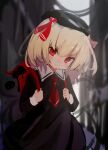  1girl ascot backpack bag bangs black_dress black_headwear blonde_hair blurry blurry_background closed_mouth dress hair_ribbon looking_at_viewer red_ascot red_eyes red_ribbon ribbon rumia short_hair solarisu solo touhou v-shaped_eyebrows 