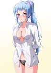  1girl arms_behind_back black_panties blue_eyes blue_hair blush breasts cleavage closed_mouth collarbone collared_shirt commentary_request cowboy_shot dress_shirt gradient_background hair_ornament hair_scrunchie highres kawasaki_saki konoyan large_breasts long_hair long_sleeves looking_at_viewer mole mole_under_eye no_bra panties partially_unbuttoned pink_scrunchie ponytail purple_eyes scrunchie shirt smile solo standing underwear white_background white_shirt yahari_ore_no_seishun_lovecome_wa_machigatteiru. yellow_background 